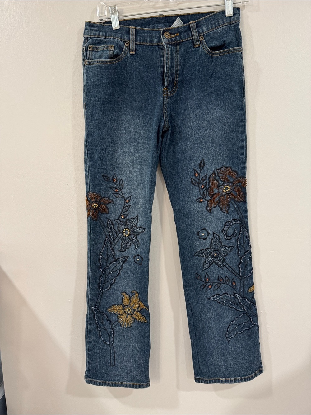 Diane Gilman Y2K Dark Wash Blue Jeans with Floral Embroidery
